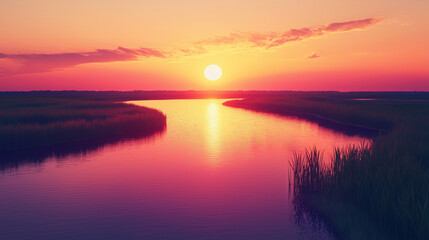 sunset over a winding river. The river reflects the warm hues of the setting sun, creating a shimmering effect on the water