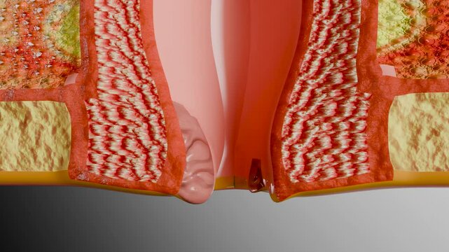 internal and external hemorrhoids piles, Human Anatomy Cross section, fistula, fissure, Virus infection in anal canal or lower rectum, treatment and prevention concept, external thrombosis, 3d render