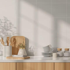 Minimalist Kitchen Counter with Utensils and Dishes - Clean Design 3D rendering