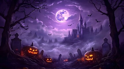 Haunted Graveyard with Full Moon and Gothic Castle, Ideal for Halloween Dark Theme Wallpaper