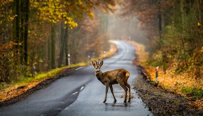 Danger Wild animal accident in autumn on a wet road