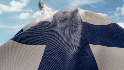 Wavy flag of Finland blowing in the wind in slow motion. Waving colorful Finnish flag team symbol abstract vertical background. Blue sky with clouds. World countries flying flags concept - Powered by Adobe