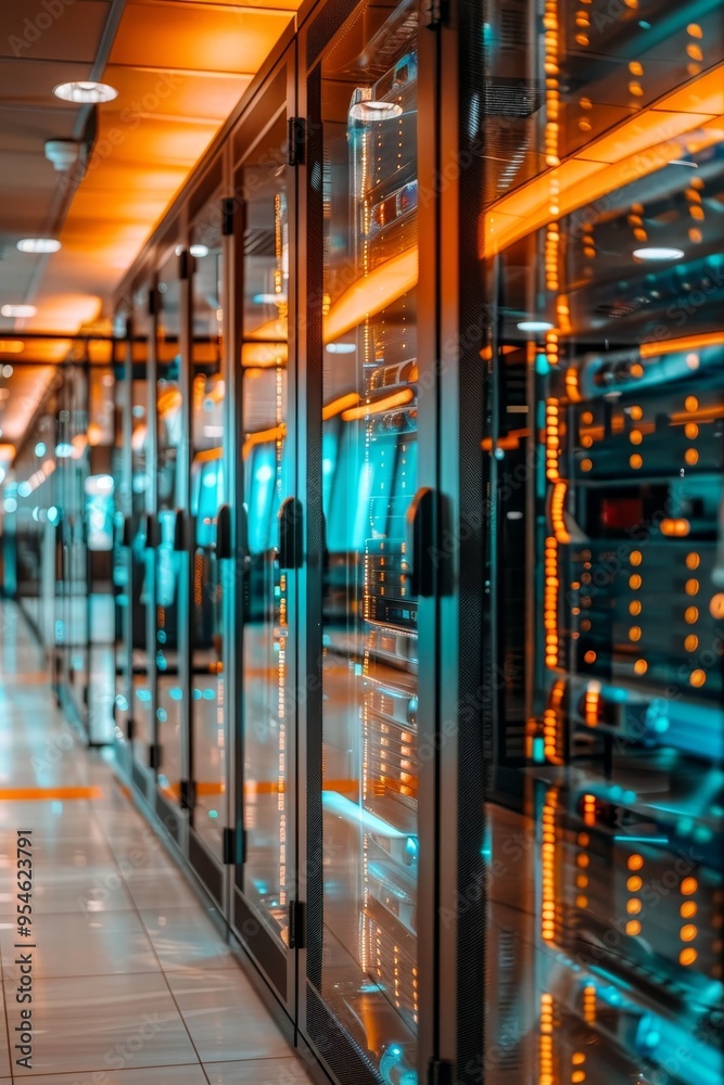 Poster rows of modern servers in a data center, advanced technology for data storage and processing