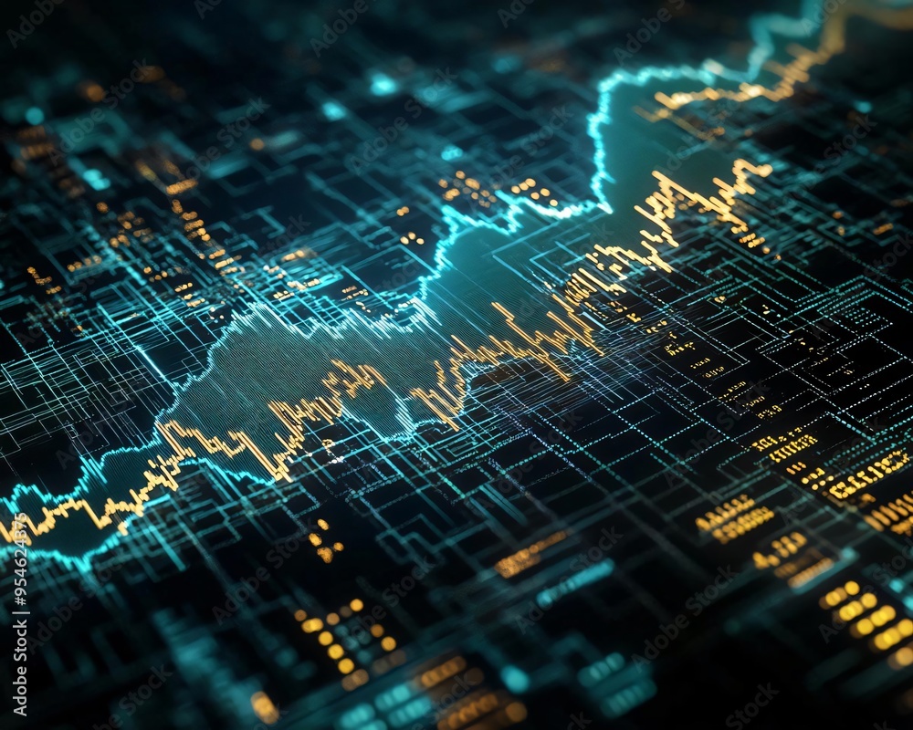 Poster abstract representation of financial data with glowing lines and patterns, perfect for illustrating 