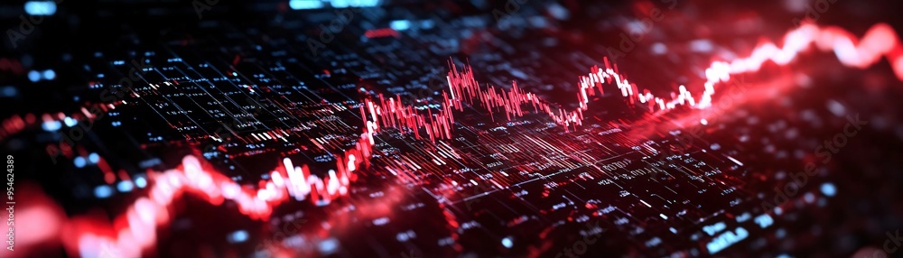 Poster abstract visualization of a high-tech financial graph featuring dynamic red lines and digital data r