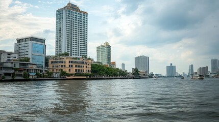 Fototapeta premium The view of the Chao Phraya River from the pier in Bangkok, Thailand