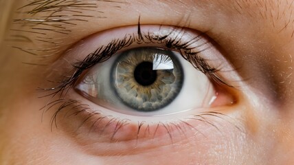 Close-up of a person's eye with deep blue iris and light brown accents, surrounded by long dark curled eyelashes and light beige wrinkled skin