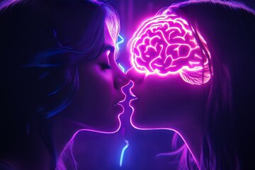 Responsive Social cognition Neon lit couple with glowing brains symbolizing the electrifying connection and passionate exchange of thoughts in a vibrant modern setting