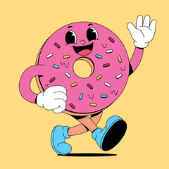 Walking donut retro cartoon mascot