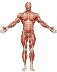 An illustration of the human body with muscles showing, viewed from above in full length against a white background. 