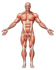 An illustration of the human body with muscles showing, viewed from above in full length against a white background. 