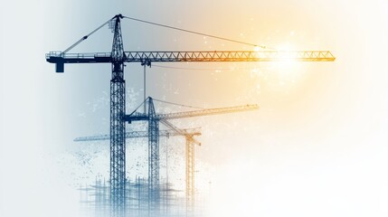 Construction cranes in sunrise silhouette