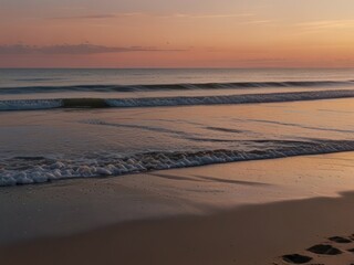Tranquil Sunset Over Calm Ocean Waves at a Serene Sandy Beach
