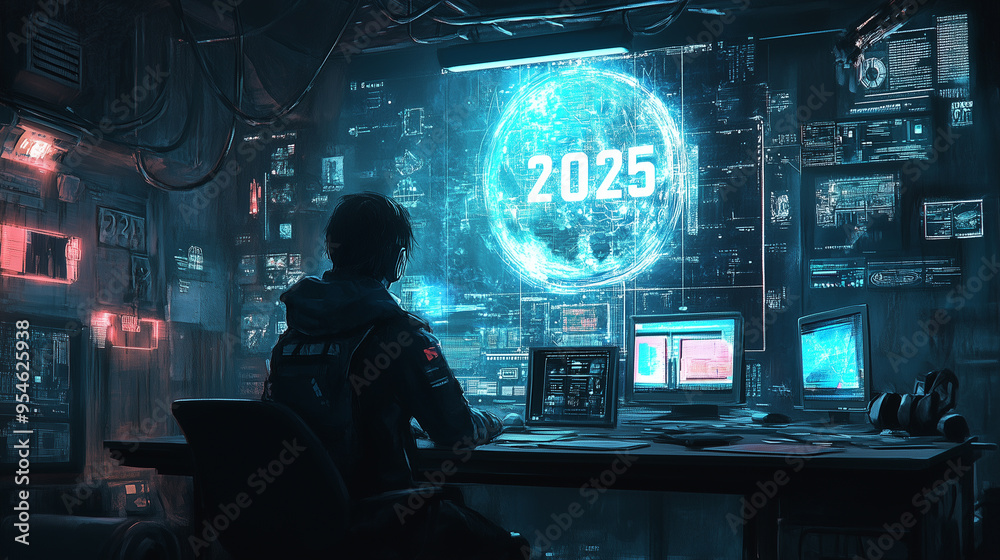 Poster A person working in a dark, futuristic control room, analyzing data on multiple screens with the year 