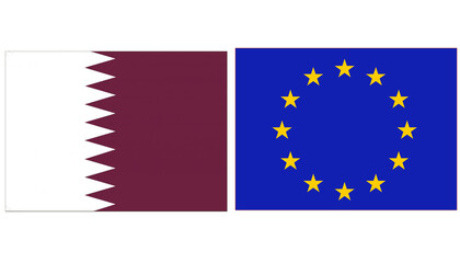 Qatar official flag with Europe official flag. Both flags are in Rectangular shape.
European National flag with Qatar National flag 