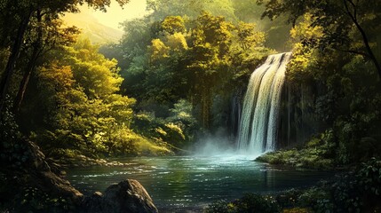 A serene view of the Greenstream Waterfall surrounded by lush forest in summer.