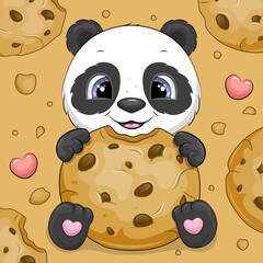 Cute cartoon panda holding chocolate chip cookies. Vector illustration of an animal with food. © Olena