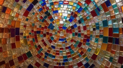 Colorful mosaic forming concentric circles with light reflecting on the small tiles
