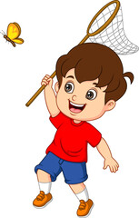 boy is catching butterflies with a net