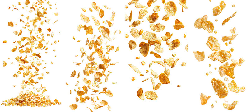 Isolated cornflakes on white background, full depth of field