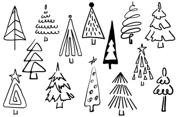 Hand-Drawn Abstract Christmas Tree Doodles in Black and White