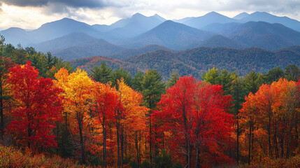 Fototapeta premium A vibrant autumn landscape with colorful trees and distant mountains under a cloudy sky.