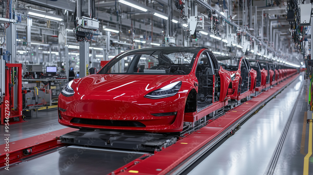 Aufkleber A red car is being assembled on an automated production line in a modern factory, highlighting the precision and efficiency of advanced manufacturing.