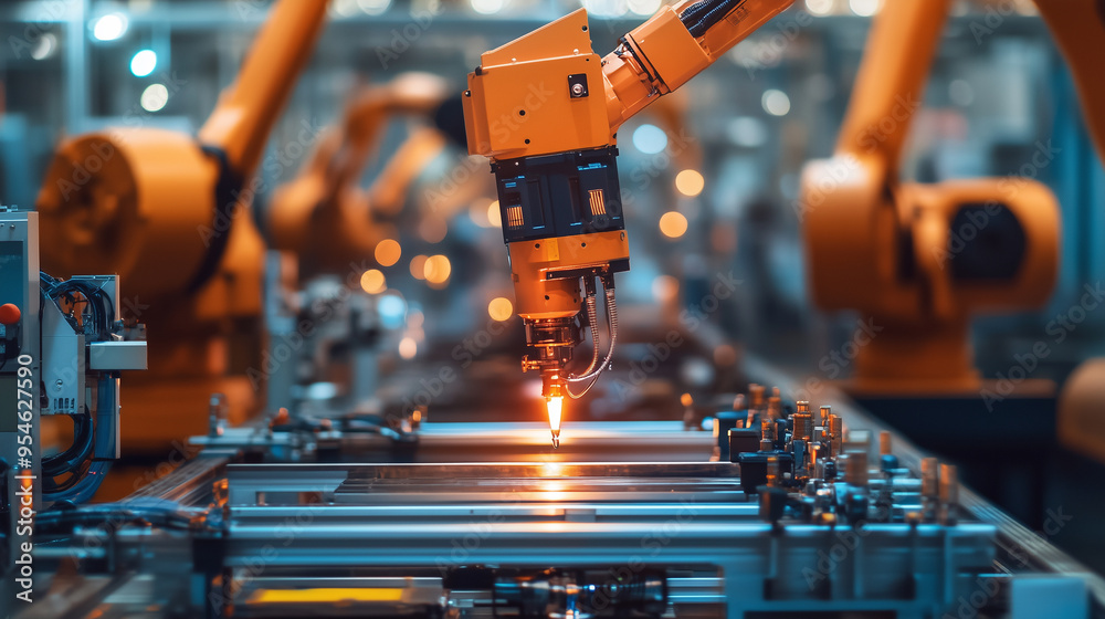 Poster An industrial robotic arm works on an assembly line in a modern factory, demonstrating precision and automation in advanced manufacturing processes.