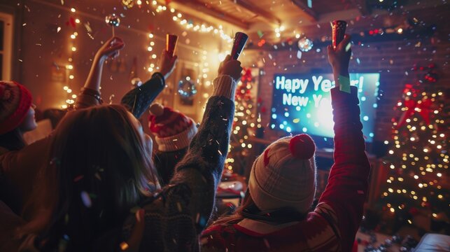 New Year's Eve Party: A festive gathering in a crowded living room, where people celebrate with party hats, noisemakers, and watch the ball drop on TV at midnight.
