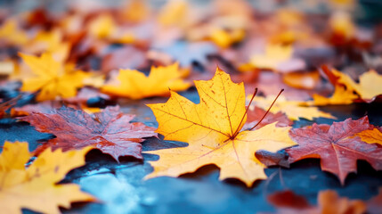 Vibrant autumn leaves on forest floor, seasonal nature pattern with colorful maple foliage. abstract texture of fall beauty in sunlight.