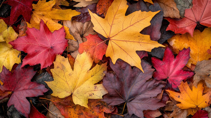 Vibrant autumn leaves on forest floor, seasonal nature pattern with colorful maple foliage. abstract texture of fall beauty in sunlight.