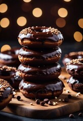 Freshly made chocolate donuts with a rich glaze and creamy filling sit on parchment paper. They are presented on table, showcasing their delectable appearance. Cocoa brown glaze on buns. Generative AI