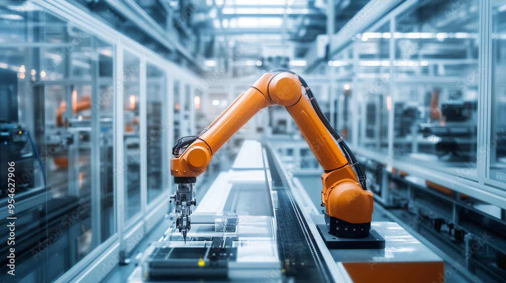 Poster A robotic arm operates on an assembly line in a modern factory, illustrating advanced automation and precision in high-tech manufacturing processes.