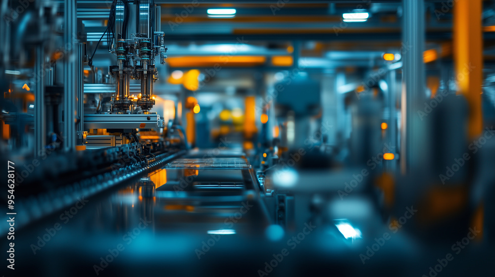 Poster A close-up view of an advanced automated production line in a factory, showcasing precision machinery and high-tech manufacturing processes.