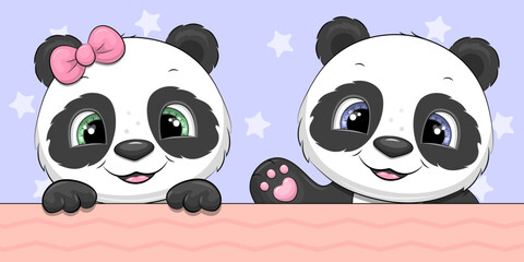 Obraz premium Cute cartoon panda couple. Vector illustration of animals on blue background.