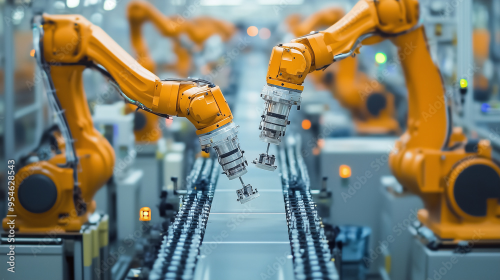 Poster two robotic arms work in unison on an automated assembly line, highlighting precision, efficiency, a