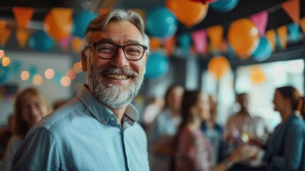 Fototapeta premium Retirement Party: A warm office celebration decorated with banners and balloons, where colleagues share stories and the retiree gives a speech, expressing thanks for all the memories. 