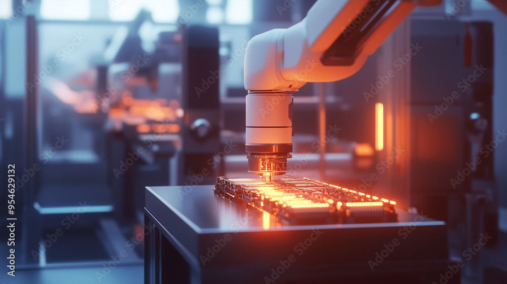 Poster  A robotic arm precisely assembles electronic components on a circuit board in a high-tech facility, highlighting advanced automation and manufacturing technology.