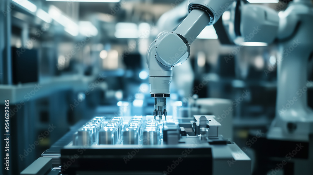 Poster A robotic arm delicately assembling components in a modern factory, symbolizing precision, automation, and the future of advanced manufacturing.