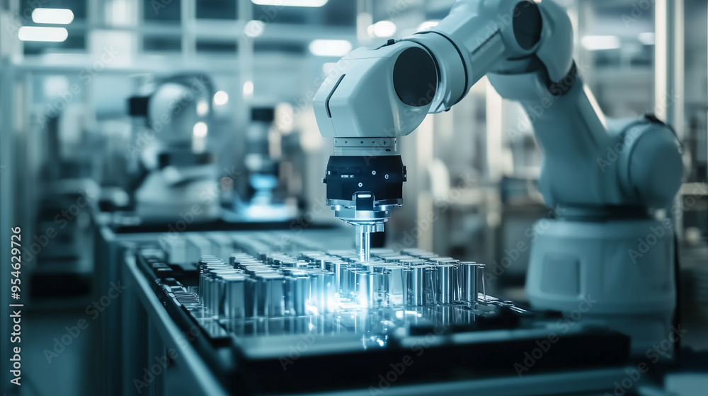 Poster A robotic arm precisely assembles components in a blue-toned industrial setting, symbolizing advanced automation and futuristic manufacturing technology.