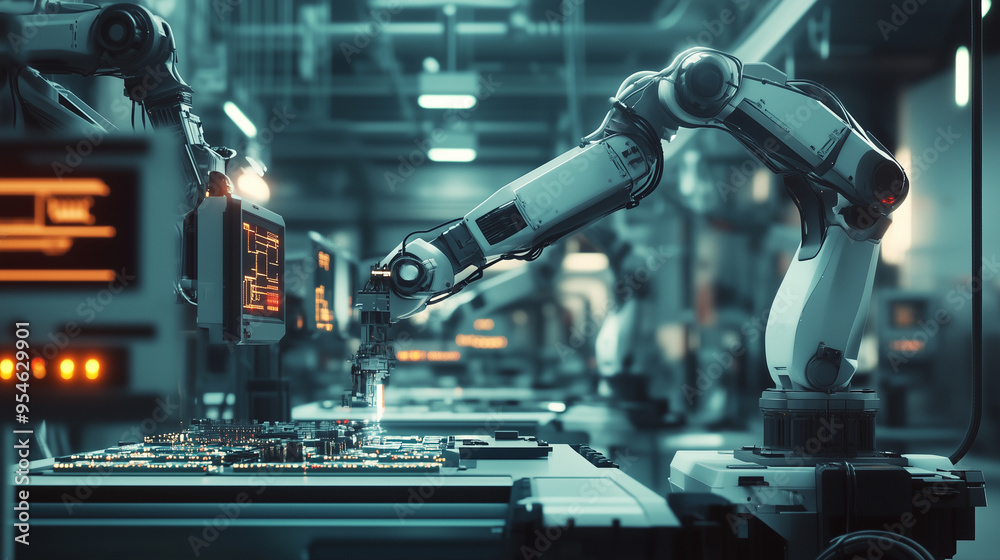 Poster A robotic arm precisely assembling a circuit board in an advanced factory environment, showcasing the future of automation, technology, and manufacturing.