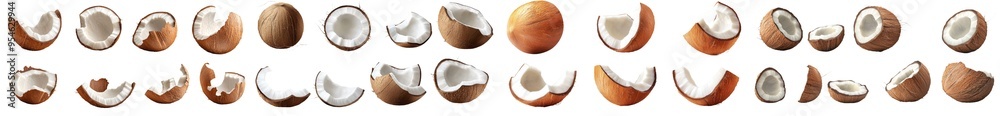 Poster the coconut curls and shavings are isolated on the white background, with full depth of field