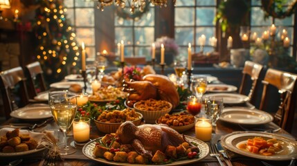 Fototapeta premium Holiday Feast: A festive family gathering in a cozy dining room, where a beautifully set table showcases turkey, stuffing, and seasonal dishes, followed by a toast to togetherness. 