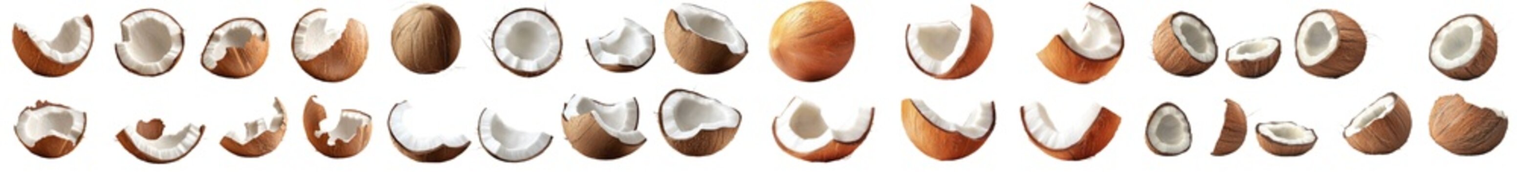 The coconut curls and shavings are isolated on the white background, with full depth of field
