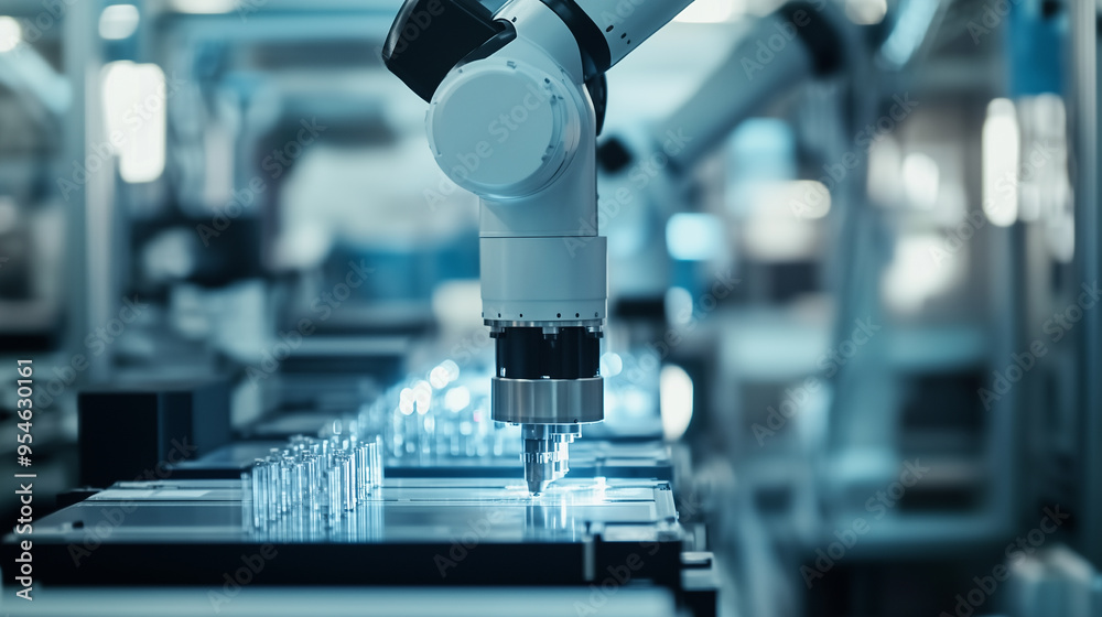 Poster  A robotic arm precisely assembles components in a high-tech manufacturing environment. The image features a cool blue tone, highlighting modern automation.