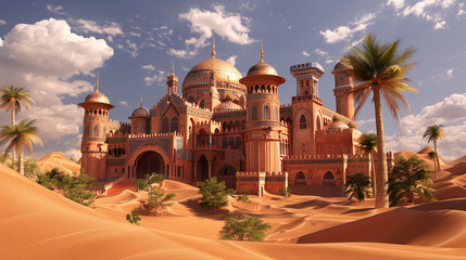 Majestic Desert Palace Surrounded by Lush Palm Trees. A breathtaking palace rises above golden sand dunes, embellished with intricate architecture and lush palm trees against a vibrant sky.