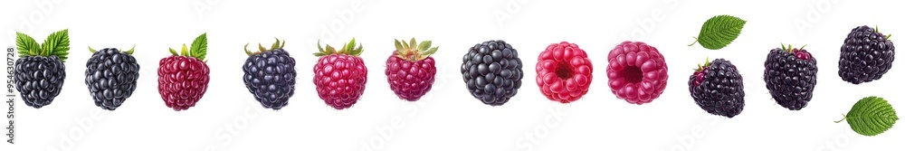 Poster isolated raspberry and blackberry on white background