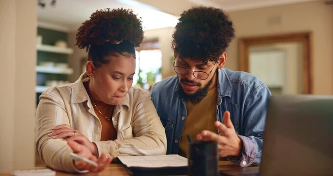 Budget, couple and stress with documents in home for financial planning, asset management and review. People, frustrated or loan application with bills receipt, account statement and expenses invoice