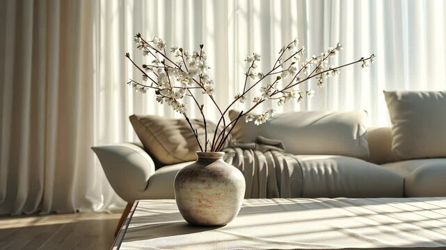 Elegant living room with vase of white flowers on wooden table, serene sunlight. Modern interior and tranquility concept