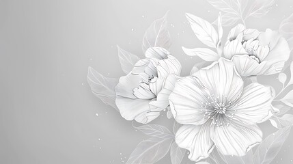 An elegant white line drawing of a flower bouquet, with intricate details in the petals and leaves, contrasted against a soft, muted background. 8k UHD, suitable for high-quality printing or 